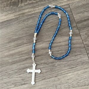 Blue White and Clear Plastic Beaded Catholic Christian Prayer Beads Rosary